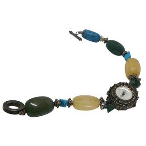 Handcrafted Geneva Quartz Watch Bracelet Gemstone Accents Ornate Metal Bezel Vtg